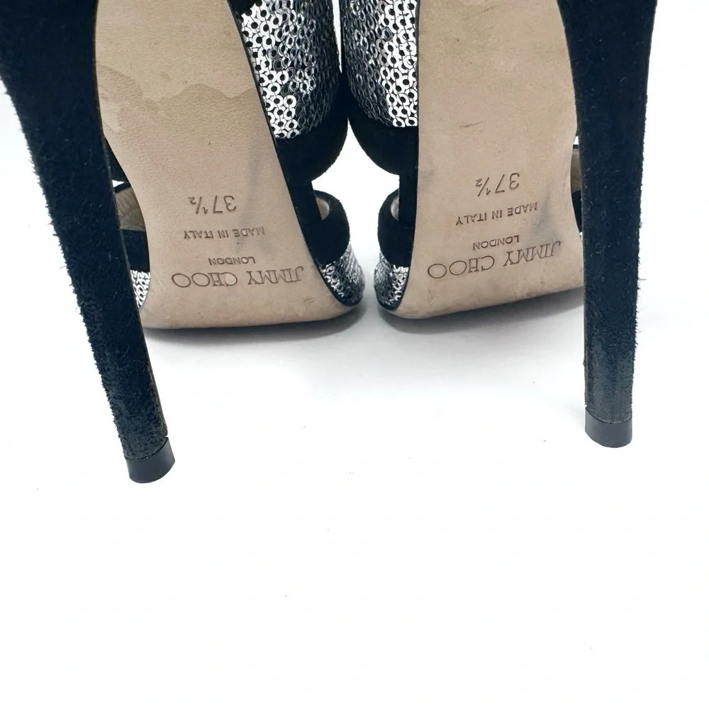 JIMMY CHOO Silver Sequin Black Suede Cut Out Temptress Stiletto Heels 37.5 - Picture 9 of 11